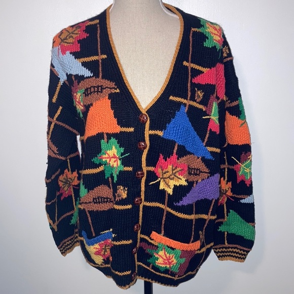 Cardigan Bay Sweaters - NEW Vintage Cardigan Bay Fall Leaves & Football Chunky Hand Knit Sweater Vintage